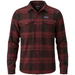 A Patagonia men's long-sleeve flannel shirt in a dark red and black buffalo plaid pattern, featuring a button-down front, two chest pockets, and the signature Patagonia logo patch on the left chest.