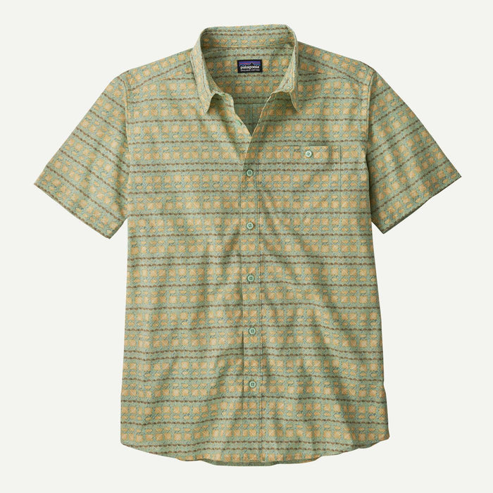 Patagonia short sleeve shirt in rinsed green with patterned design, single chest pocket.