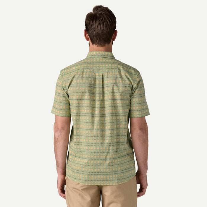 Patagonia green short sleeve patterned surf shirt, viewed from the back