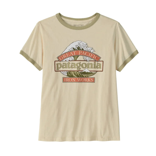 Beige t-shirt with Patagonia logo on a white background