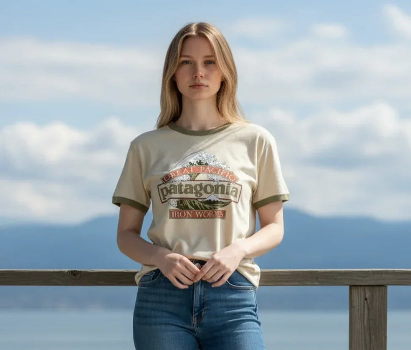 Person wearing a Patagonia t-shirt standing by a wooden railing with a scenic background