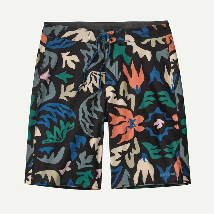Patagonia Hydropeak boardshorts in black with colorful kaleidoscope leaf print