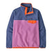 Patagonia fleece pullover in purple and blue with orange trim and snap buttons