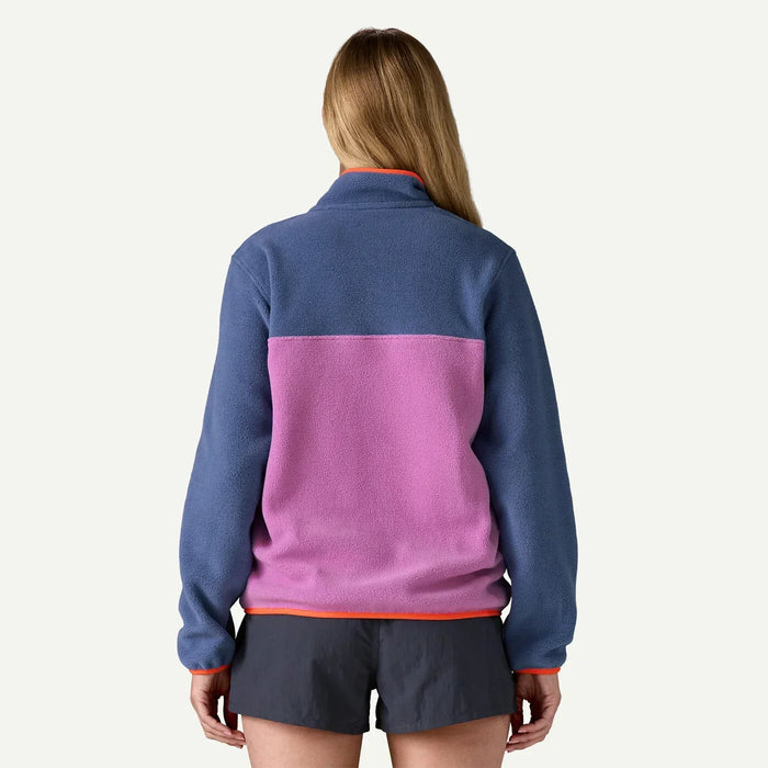 Patagonia women's lightweight fleece pullover in purple and blue, ideal surf clothing