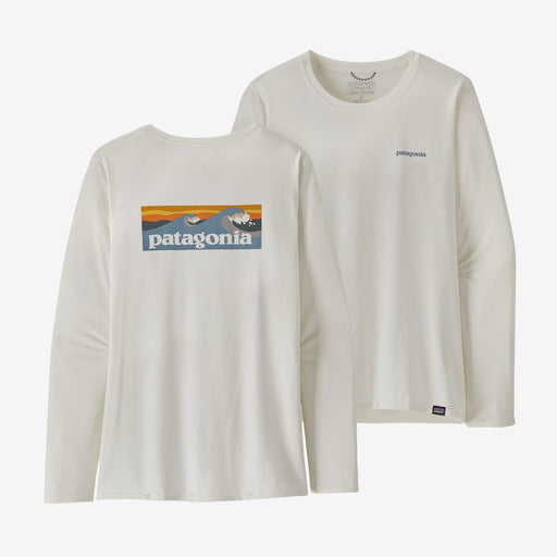 Patagonia Long-Sleeved Capilene Cool Daily Graphic Shirt - Waters Boardshort Logo Light Plume Grey: White - Boardworx