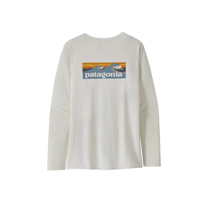 White long-sleeve shirt with Patagonia logo on a product page