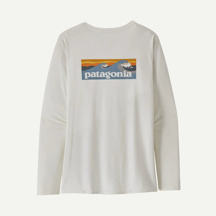 Patagonia long sleeve graphic surf shirt in light grey with mountain and wave logo on back