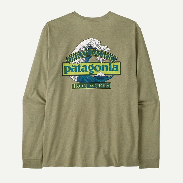 Patagonia long sleeve green surf tee with Great Pacific wave graphic on back