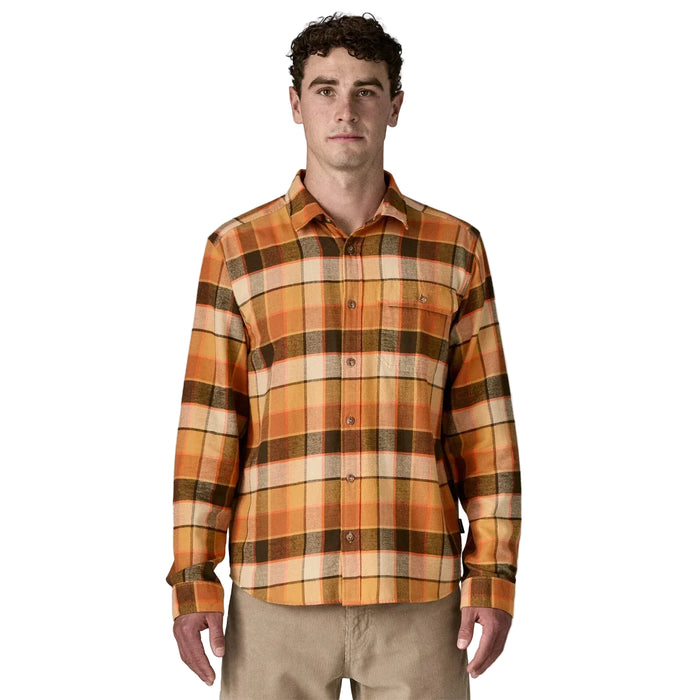 Patagonia men's long-sleeve flannel shirt in orange brown plaid, outdoor surf clothing