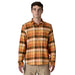 Patagonia men's long-sleeve flannel shirt in orange brown plaid, outdoor surf clothing