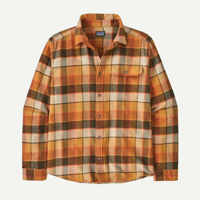 Patagonia long-sleeve flannel shirt in brown orange plaid, surf clothing