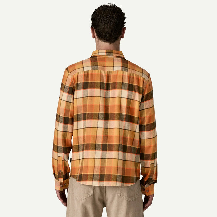 Patagonia lightweight long sleeve flannel shirt in brown and orange plaid, back view
