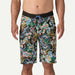 Men's floral print boardshorts with black waistband and blue drawstring, watersports clothing