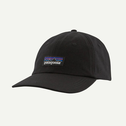Patagonia black cap with P-6 label, surf clothing accessory for watersports.