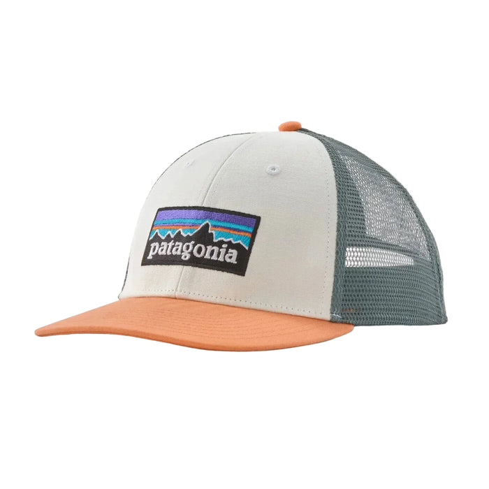 Patagonia P-6 Logo trucker hat, white front, peach visor, mesh back, outdoor surf cap