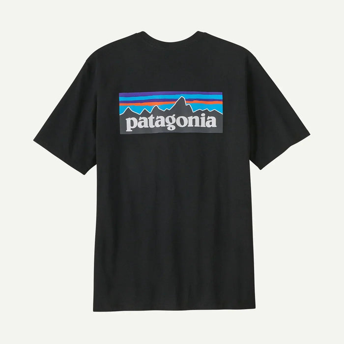 Patagonia black t-shirt with P-6 logo and mountain graphic on back, surf clothing