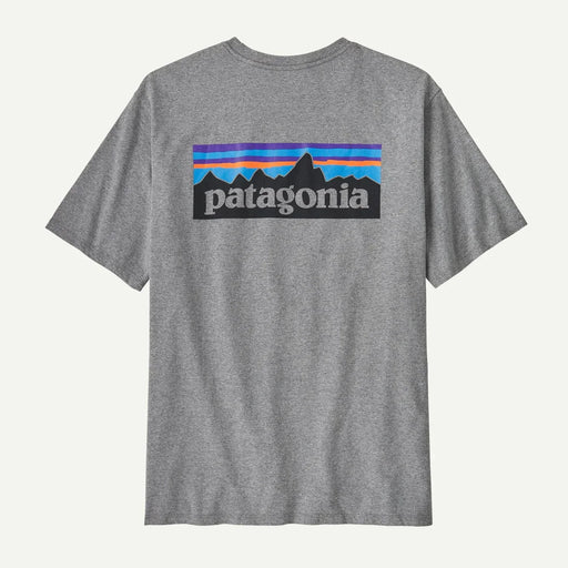 Patagonia grey t-shirt with P-6 mountain logo, outdoor and surf clothing