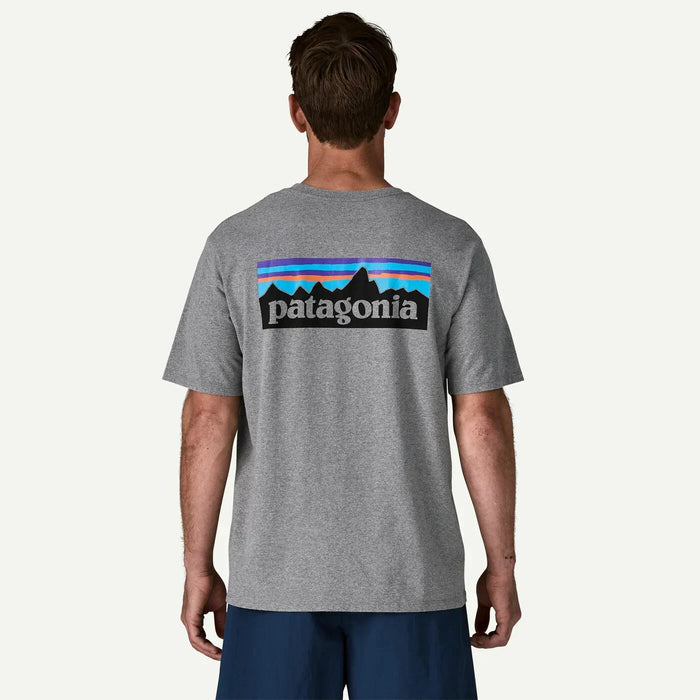 Patagonia P-6 Logo Responsibili-Tee in gravel heather grey, men's surf clothing