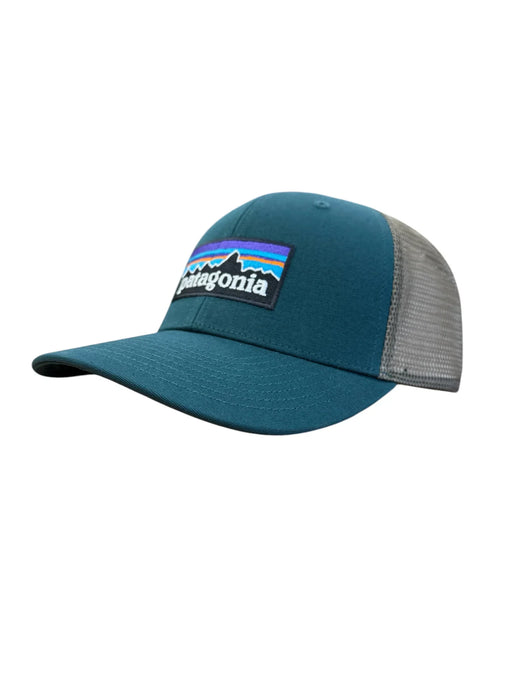 Patagonia P-6 Logo trucker hat in cascade green with mesh back, surf clothing accessory