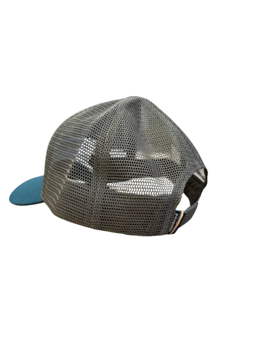 Patagonia trucker hat with grey mesh back and green visor, snapback closure