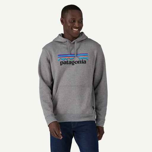 Patagonia grey hoody with P-6 logo and front pocket, casual surf clothing