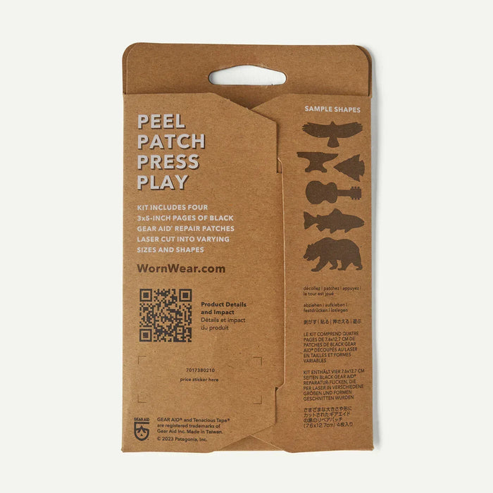 Patagonia patch kit with black gear repair patches, brown packaging, assorted shapes