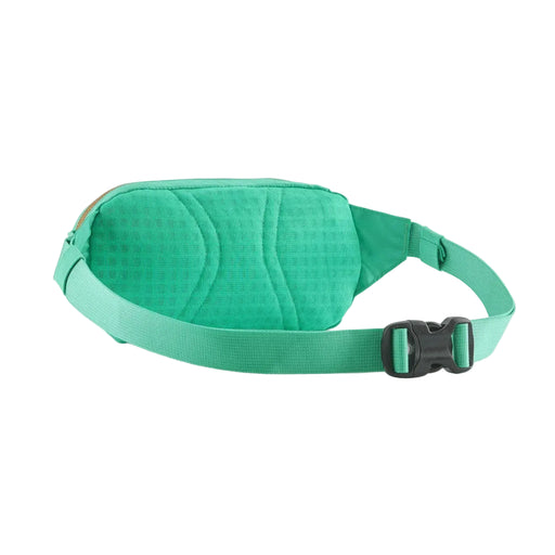 Patagonia Green waist bag with a black buckle on a white background