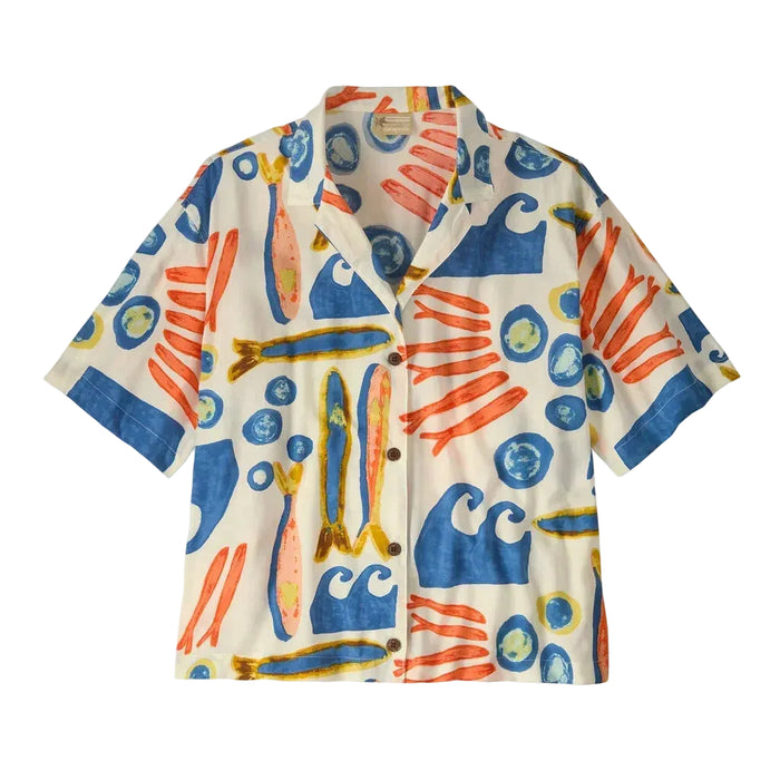 Patagonia short sleeve shirt with sardines, surfboards, and wave print in natural colors