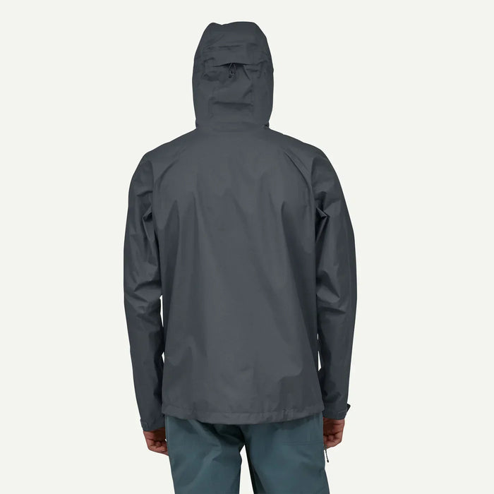 Back view of Patagonia Torrentshell 3L rain jacket in smolder blue with hood up
