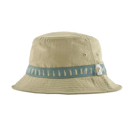Patagonia Wavefarer bucket hat in weathered stone with blue patterned band, surf clothing