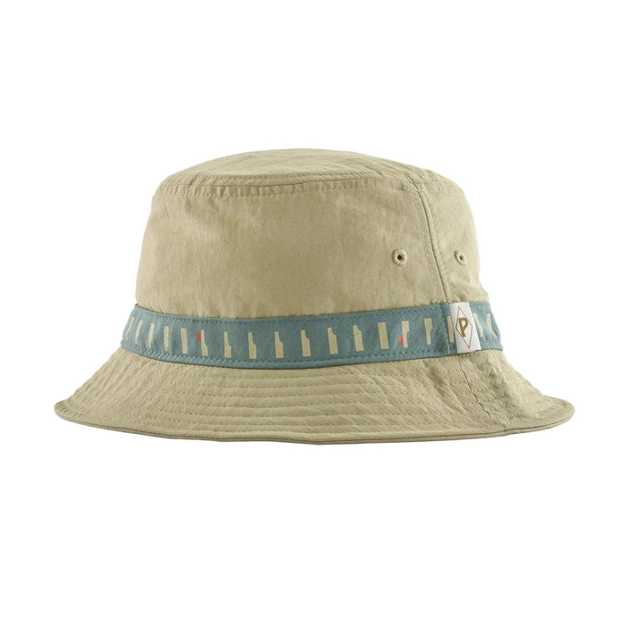 Patagonia Wavefarer bucket hat in weathered stone with blue patterned band, surf clothing