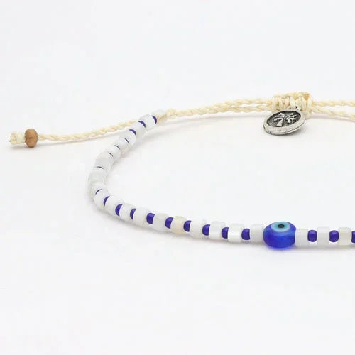 Pineapple Island blue evil eye anklet with white and blue beads, braided adjustable cord