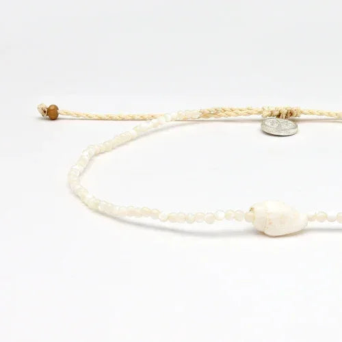 Pineapple Island Giada Melati shell beaded anklet with cream braided cord and white beads