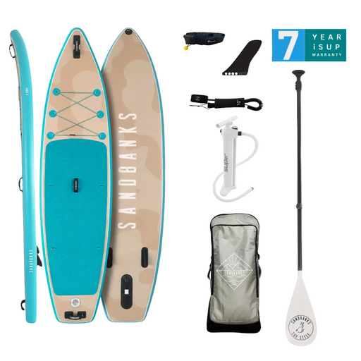 Sandbanks Style Pro X Agadir inflatable paddle board full package with fibreglass paddle, pump, leash, backpack and fins