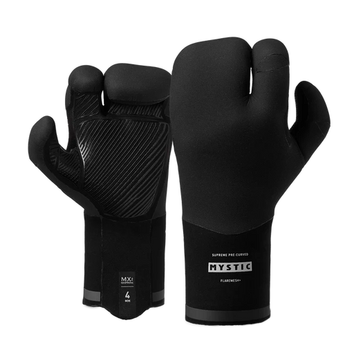Mystic Supreme 4mm lobster wetsuit gloves in black, front and back view