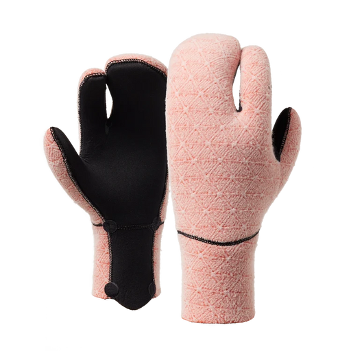 Mystic Supreme 4mm lobster wetsuit gloves in black, palm and back view worn on hands