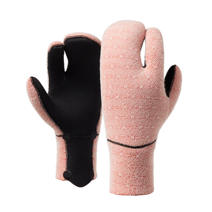 Mystic Supreme 4mm lobster wetsuit gloves in black, palm and back view worn on hands