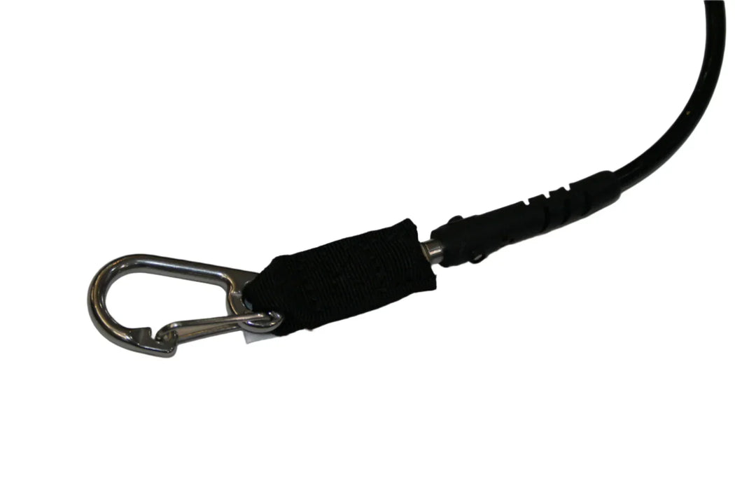 Prolimit coiled wing board leash with black strap and metal clip for watersports