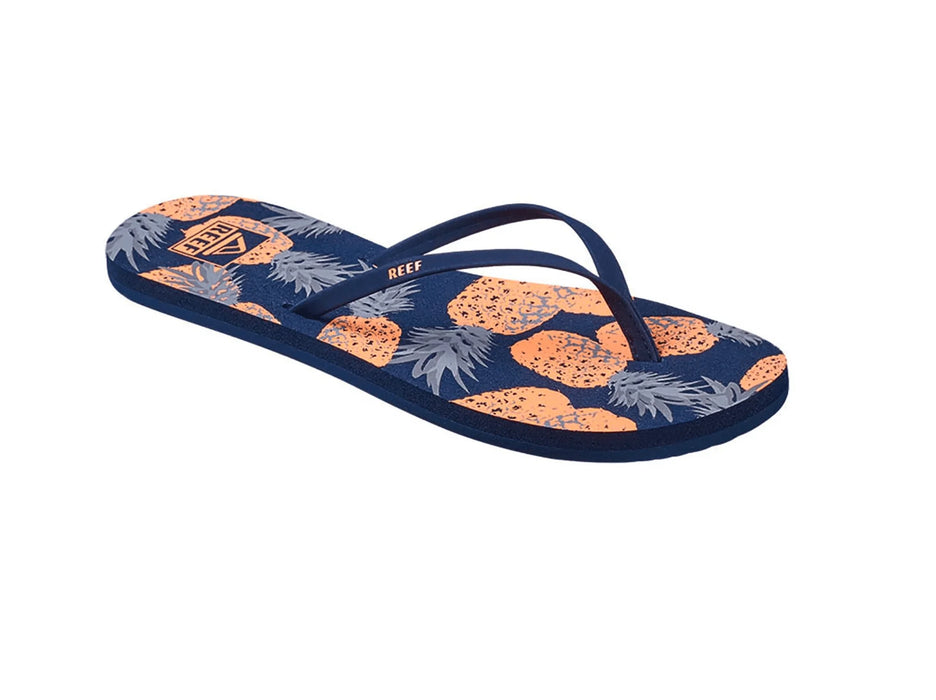 Reef Bliss Full Coral Pineapples women's flip flop with blue base and pineapple print