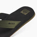 Reef Layback flip flop in black and olive, featuring brand logo and durable strap