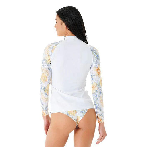 White floral long-sleeve surf top and matching bikini bottoms