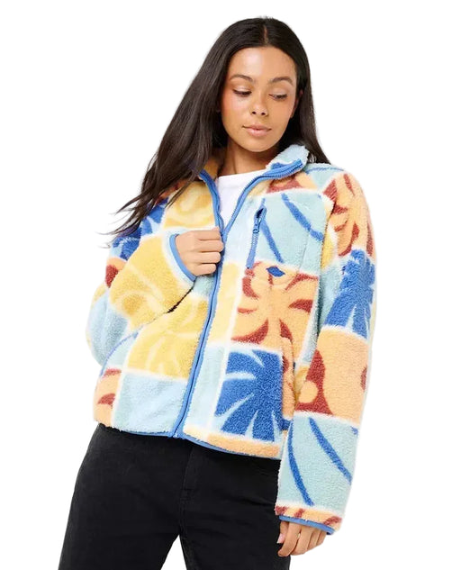 Rip Curl zip polar fleece jacket with pastel blue, yellow, and orange surf-inspired pattern