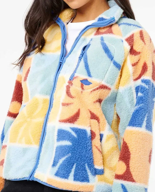 Rip Curl fleece jacket with blue zip, multicolour abstract surf print, watersports clothing