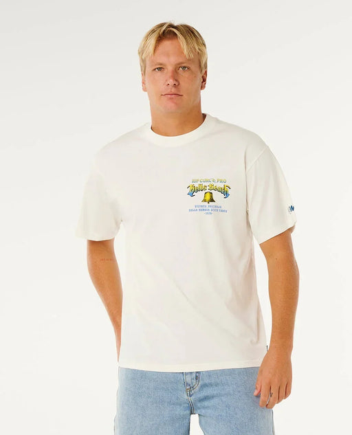Rip Curl white Bells Beach Pro logo tee for men, short-sleeve surf t-shirt, front print design