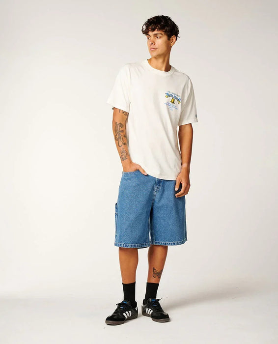 Rip Curl Bells Pro 26 logo tee in bone colour, surf clothing, worn with denim shorts