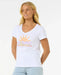 Rip Curl Cala V-neck tee, white, with sun and wave graphic, surf clothing