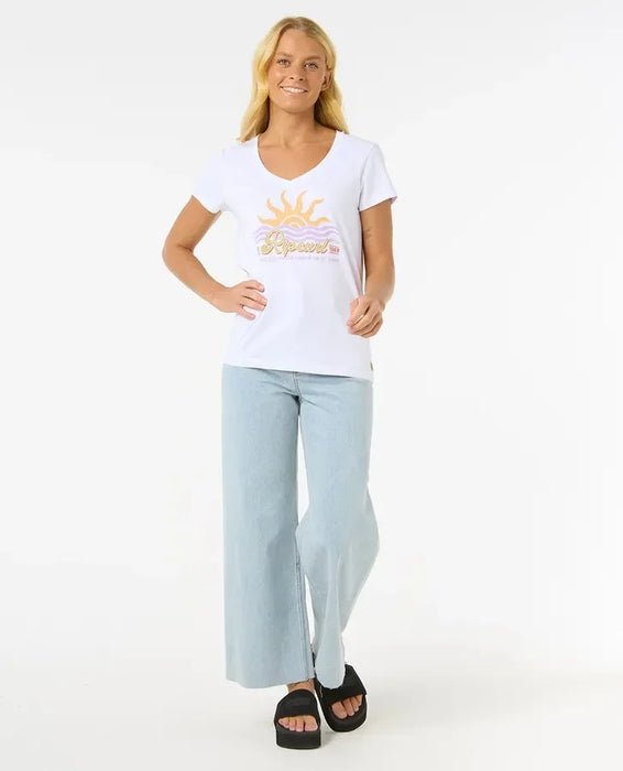 Rip Curl Cala V-neck white tee with sun graphic, surf clothing for women