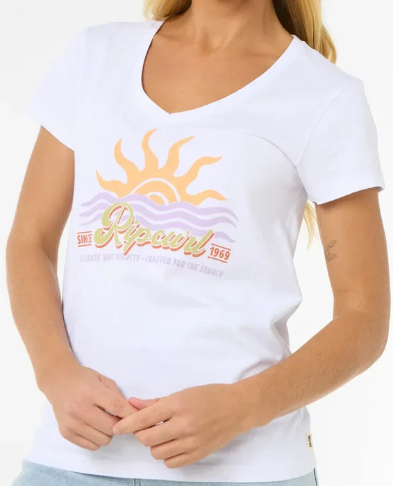 Rip Curl Cala white V-neck surf tee with sun and wave graphic, women's surf clothing