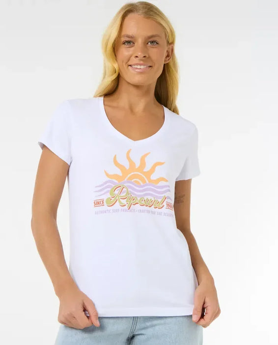 Rip Curl Cala V-neck white surf tee with sun graphic, womens surf clothing