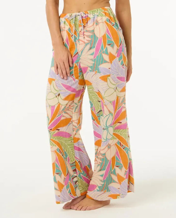Rip Curl women's beach pants with colorful tropical leaf pattern, elastic waist, relaxed fit